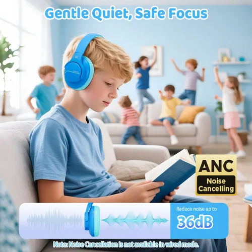 Imagen 2 del producto Auriculares ANC con cancelación de ruido para niños, inalámbricos por Bluetooth, volumen seguro, auriculares limitados con micrófono para viajes escolares