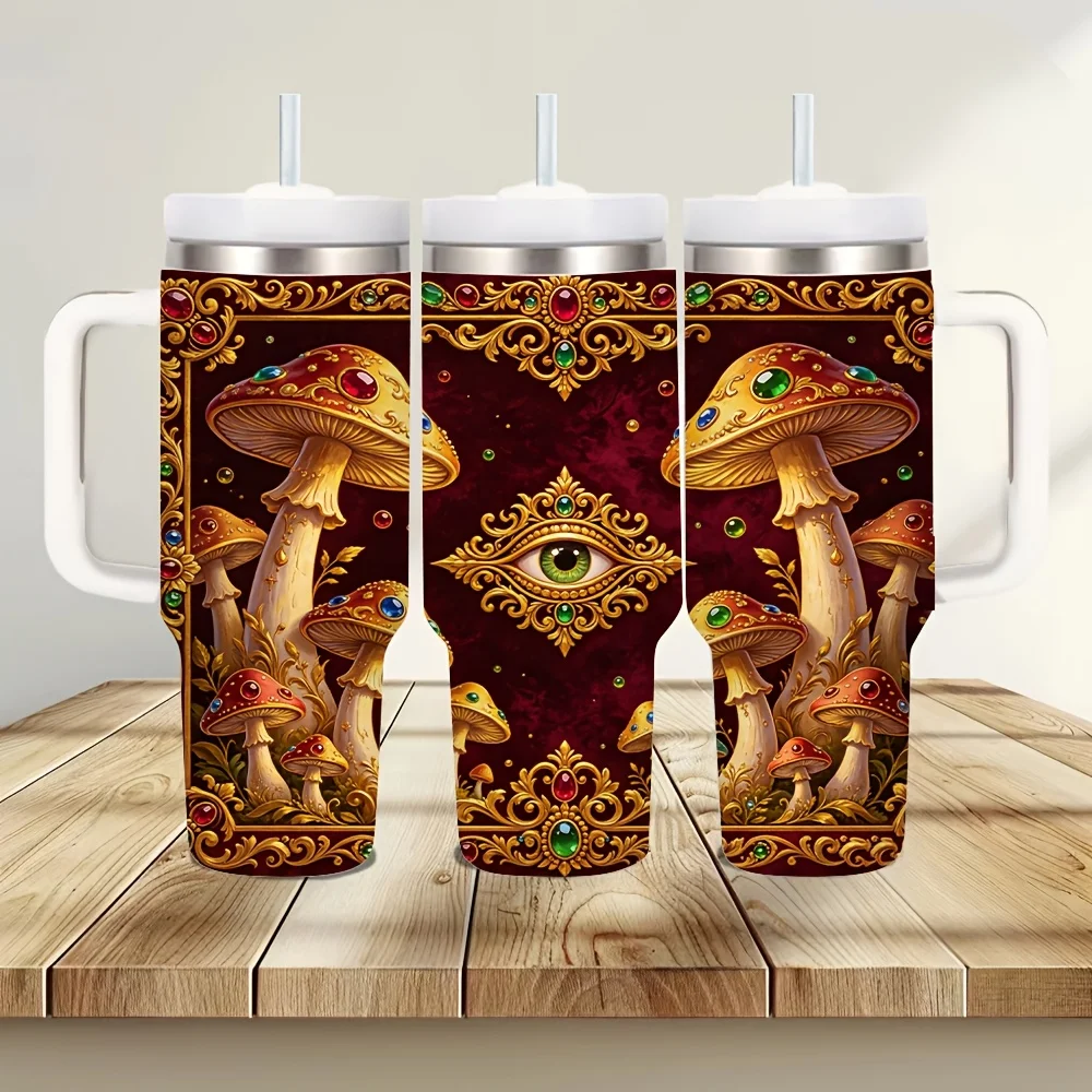 40Oz Insulated Tumbler with Handle, Vintage All-Seeing Eye Mushroom Print, Keeps Drinks Hot And Cold, Suitable for Daily Use, Outdoor Travel, And Office