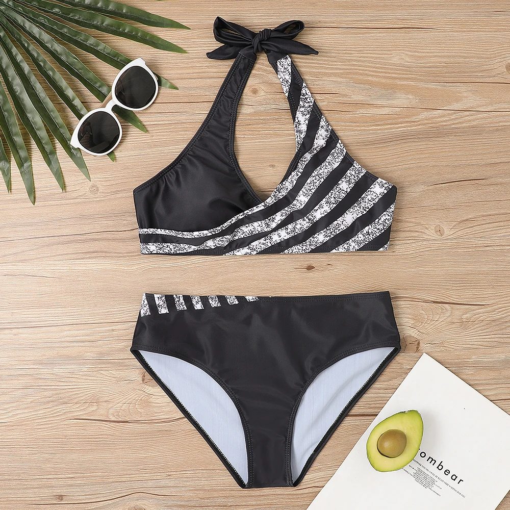 2022 women sexy stripe print two piece bikini set new female oversize swimsuit summer beach wear holiday bath suit XS-8XL