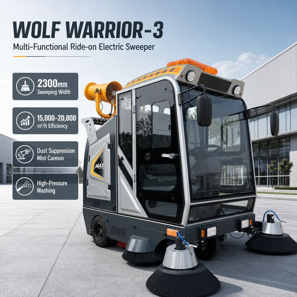 Wolf Warrior 48V Ride-on Street Sweeper 2300mm Road Cleaning Vehicle 240L Dustbin with Mist Sprayer for Factory Warehouse