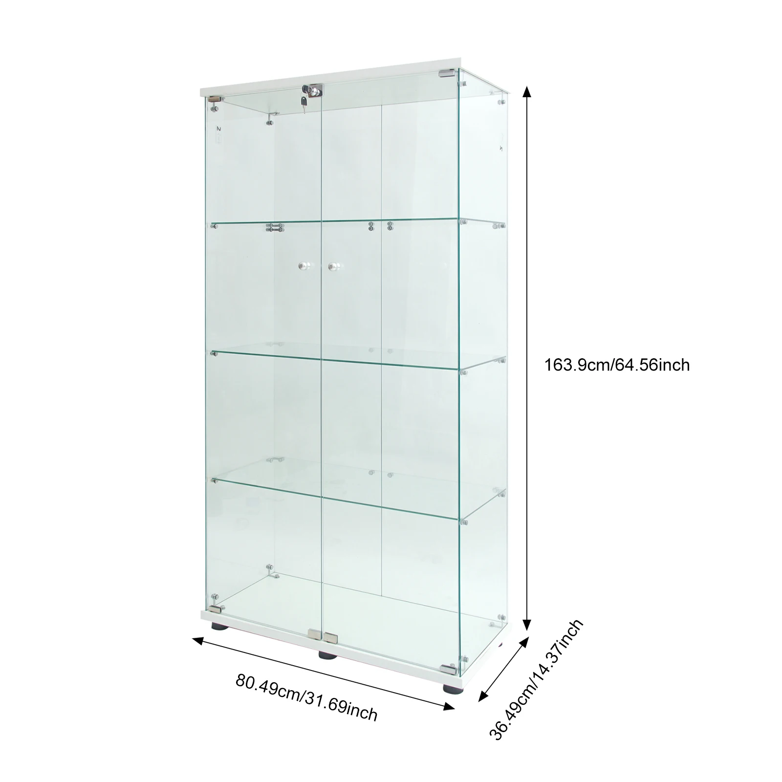 Superaly 164×80×36 cm, 4-lagiger 2-türiger Glas-Aufbewahrungsschrank, mit Schloss, freistehender Glas-Aufbewahrungsschrank, für Schlafzimmer, Wohnzimmer, Balkon, Weiß