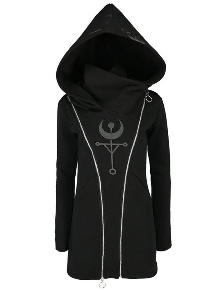 2022 Retro Gothic Punk Women Hooded Double Zipper Casual Black Hoodies Slim Fit Female Dark Sweatshirt Outdoors Clothes Hoody