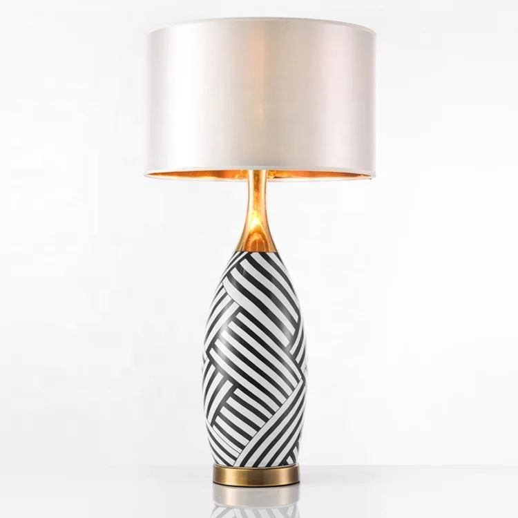 Brass Color Metal Color Decorative White Zebra Pattern Ceramic Table Lamp