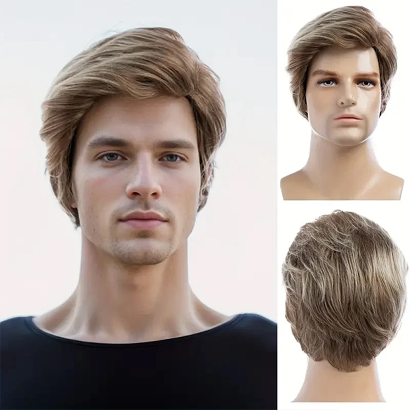 

6 Inch Short Curly Synthetic Brown Wig, Handsome Men's Heat Resistant Wig with Bangs for Daily Use