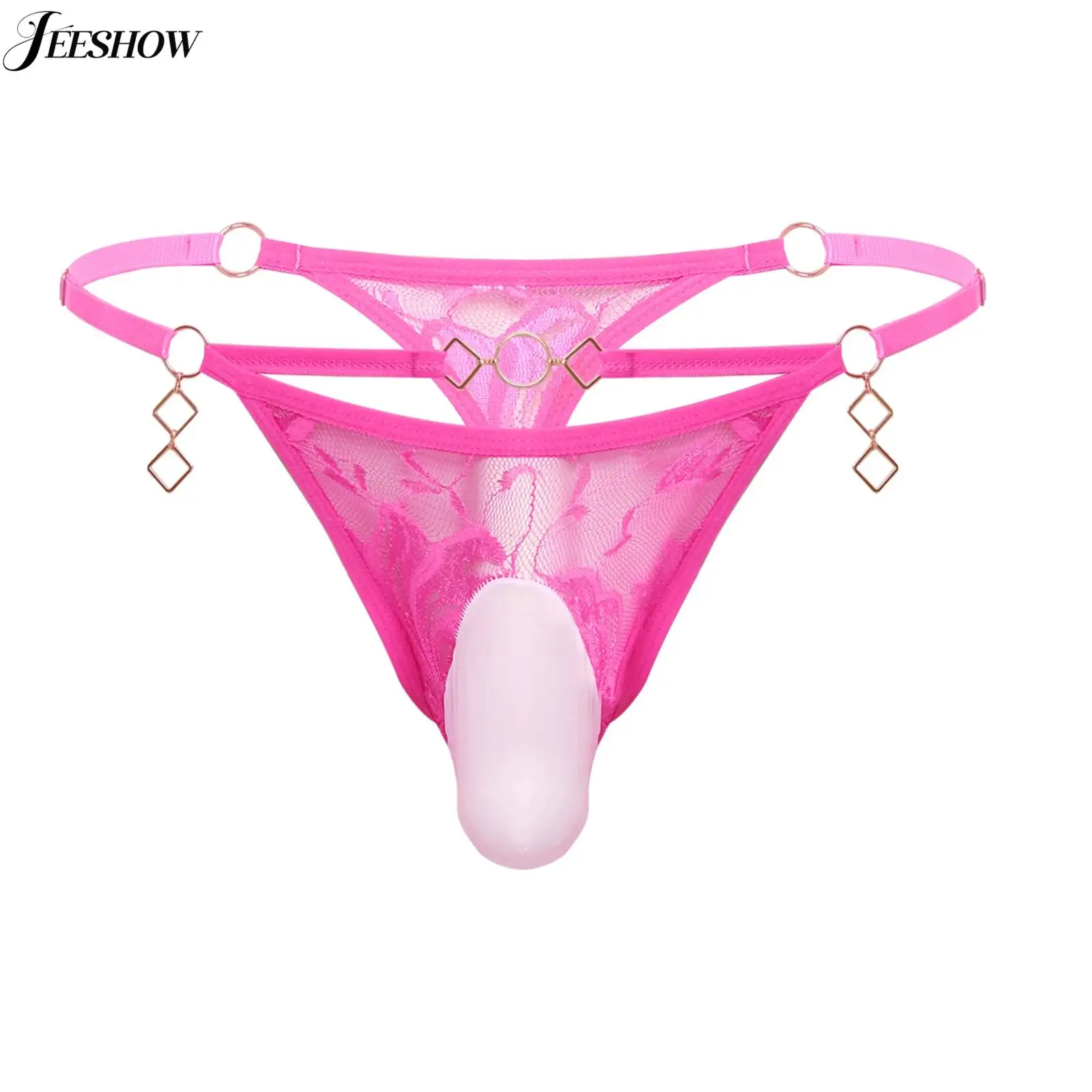 

Mens Sheer Mesh Floral Lace Underwear Metal Rings Spaghetti Waistband T-back Thongs Sissy Low Rise Bulge Pouch G-string Panties