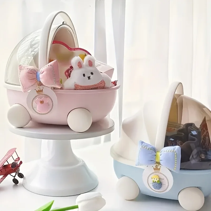 Kawaii Portable Toy Doll Bed Baby Stroller Storage Box Round Flip-Top with Cute Mat for Labubu Doll Sleep Cradle Cart Dolls Bed