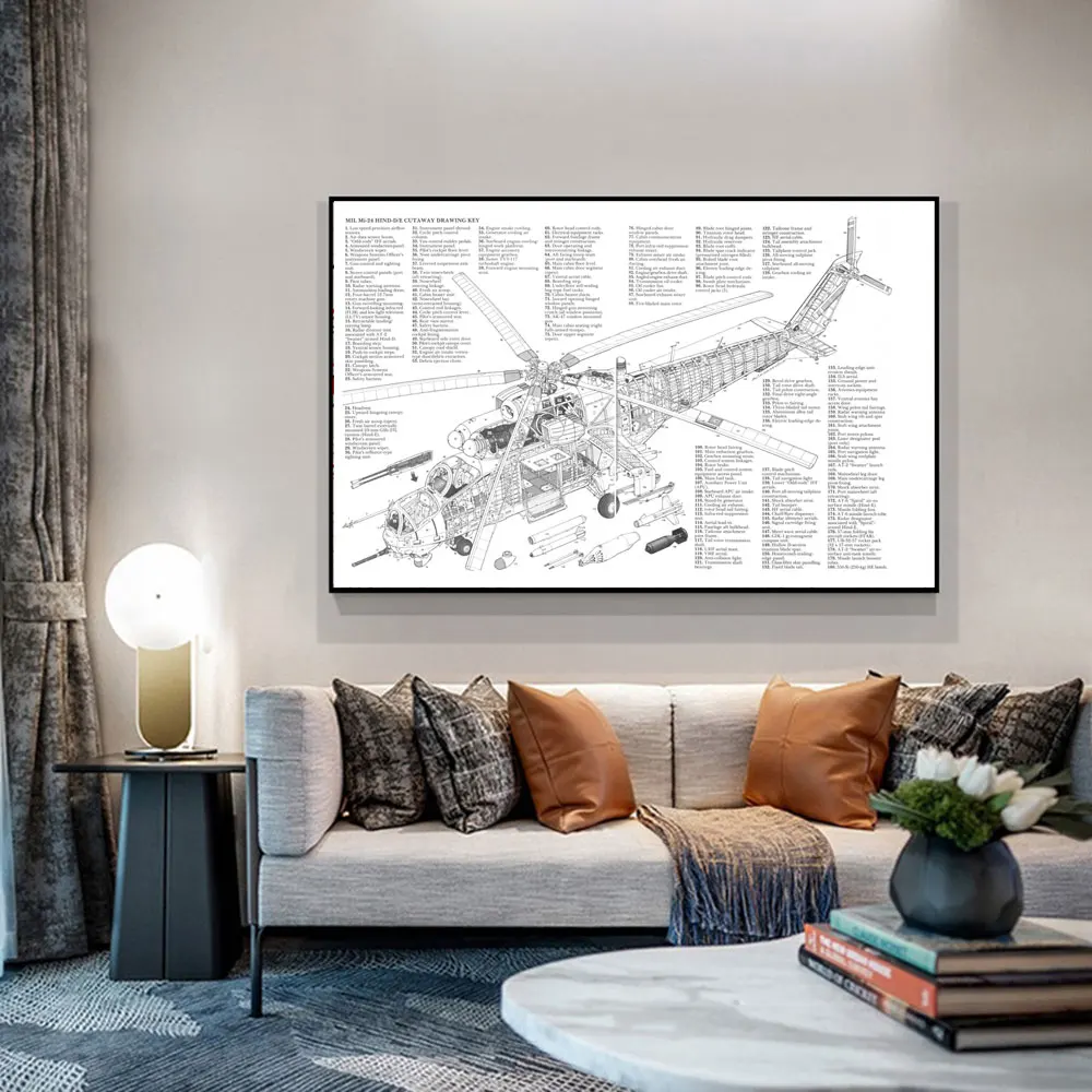 Black White Mi-24 Military Helicopter Cutaway Drawing Key Poster Prints Wall Art Canvas Painting for Living Room Home Decoration