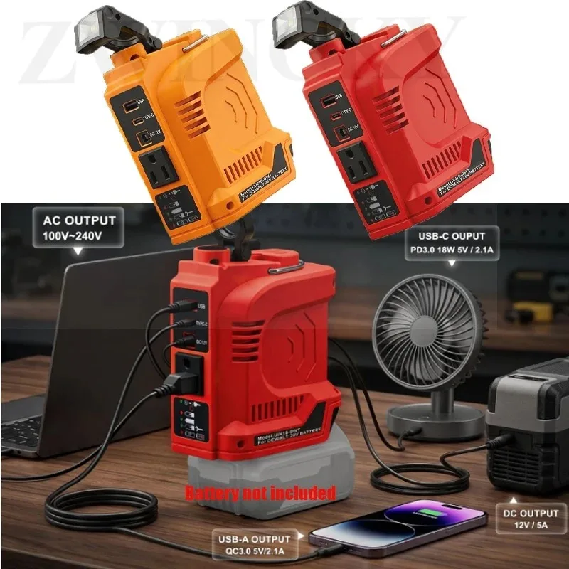 180W Portable Power Inverter For DeWal/Milwaukee 18V Battery AC Input Dual Charging, 360° LED Light,for Camping Emergency Use