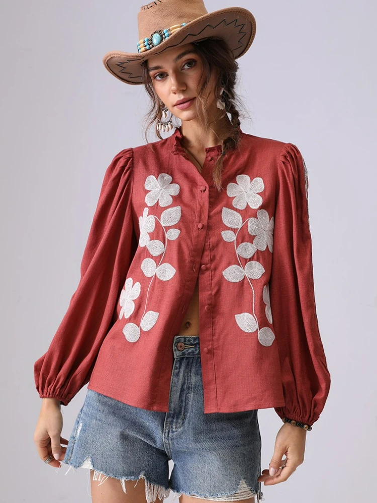 

French Style Floral Embroidery Blouse Shirt Women Boho Red Spring Autumn Long Lantern Sleeve Button-up Vocation Vintage Tops New
