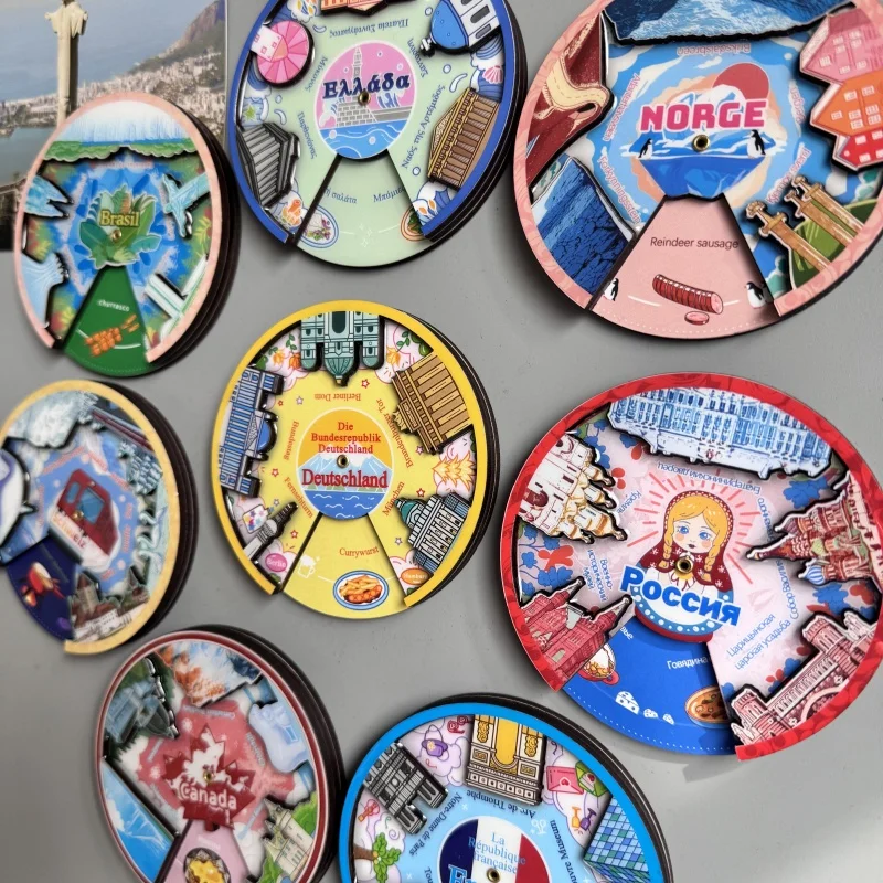 Rotatable wood fridge magnets Brazil Greece France Swiss Canada Egypt Finland Thailand America Mauritius Laos Cambodia Iceland
