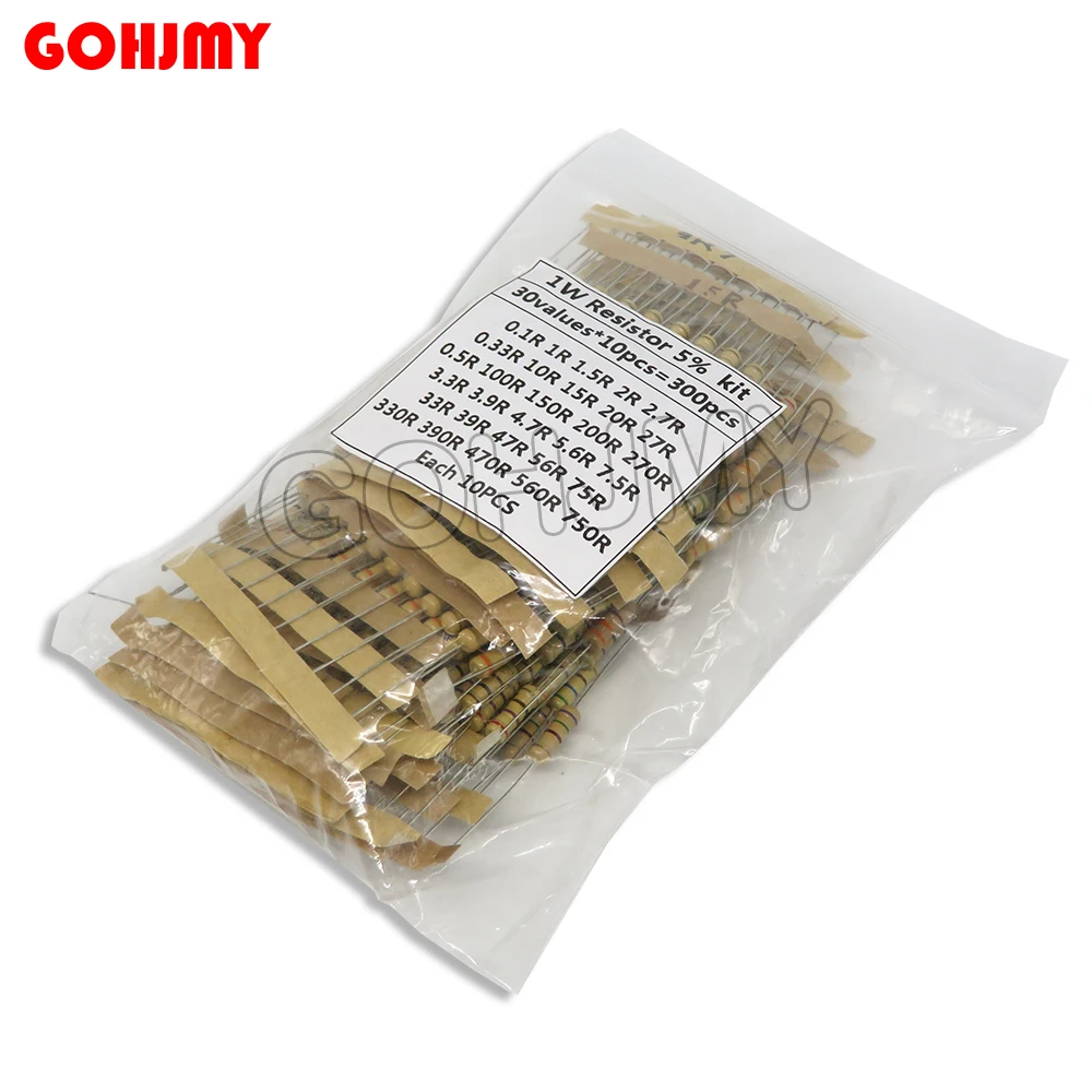 300PCS 30values X 10PCS Resistor Kit 1W 5% Carbon Film Resistance 0.1-750 ohm Set