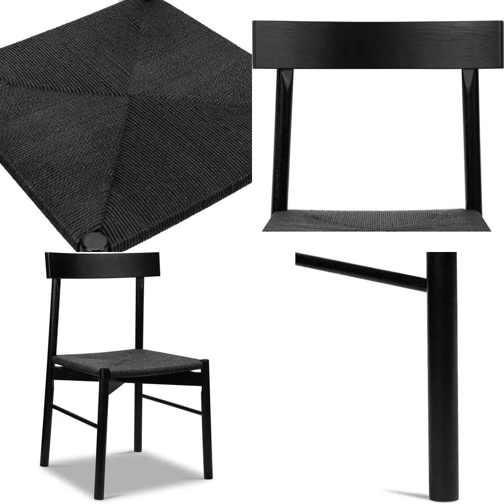 

Solid Oak Handwoven Rope Seat Dining Chair - 18 Seat Height, Century Modern Design, Fully Assembled, Black Finish