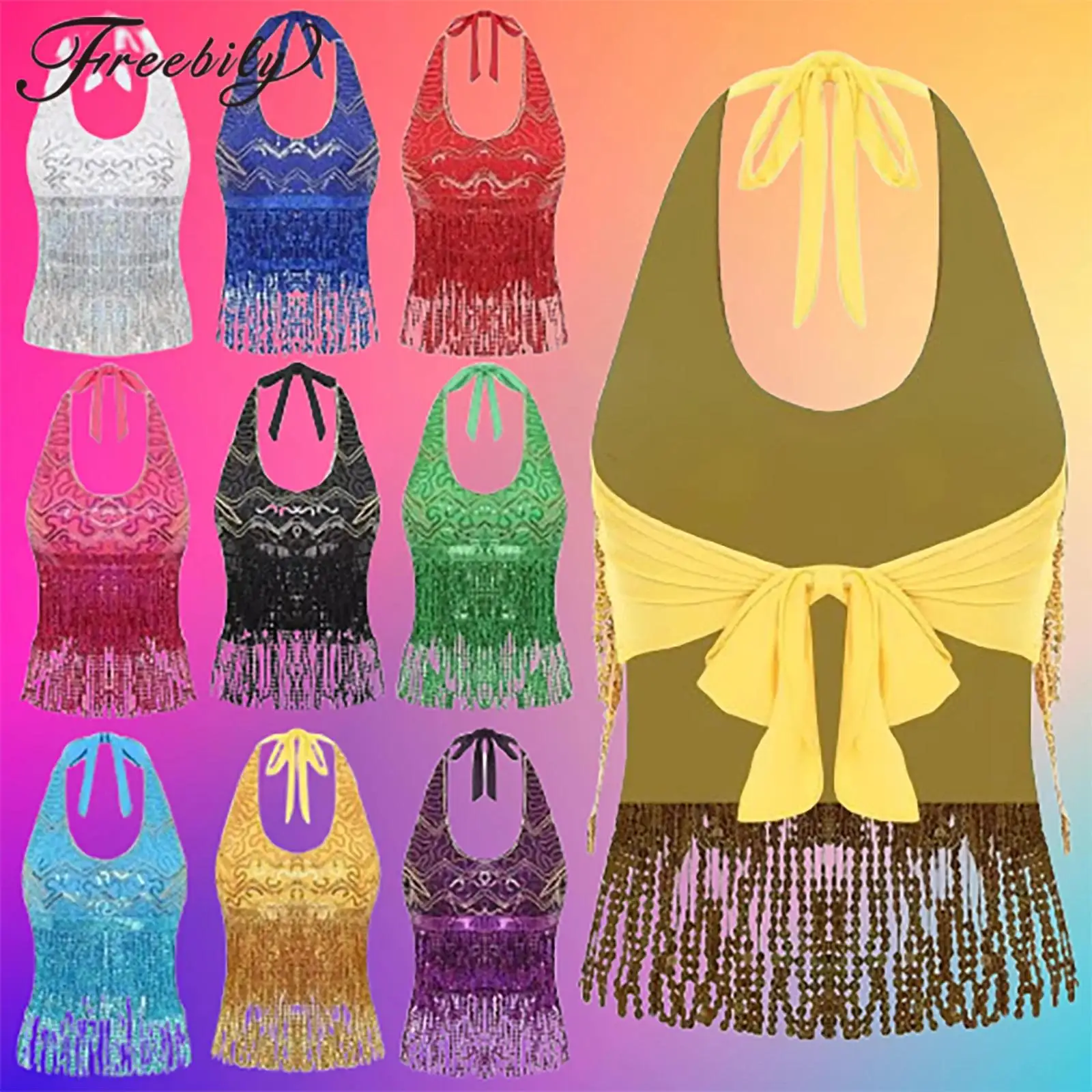 

Sequins Top Women's Halter Shiny Tassel Bra Rave Belly Dancing Vests for Music Festival Stage Performance Belly Dance Costume