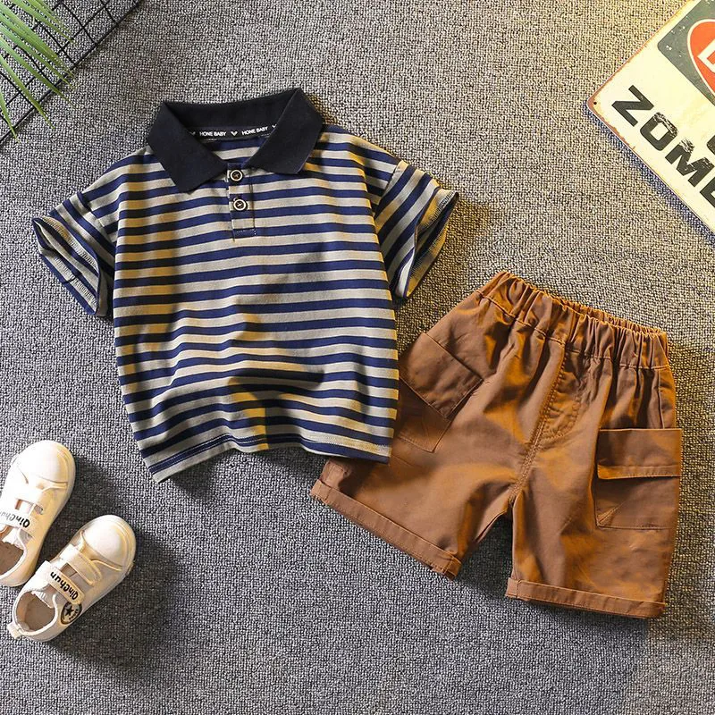 

Boys' Summer Set Fashion New Children's Thin Striped Short sleeved T-shirt+Shorts Two piece Set