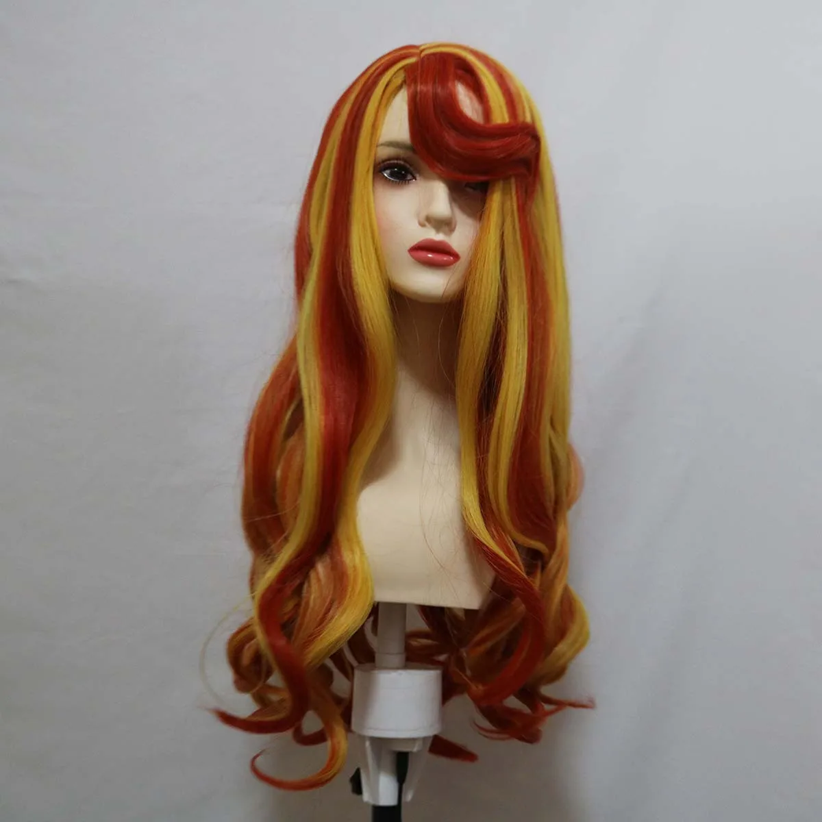 شعر مستعار أنيمي كوسبلاي غروب الشمس لامع طويل مجعد أحمر برتقالي أصفر للنساء والفتيات لحفلات الهالوين
