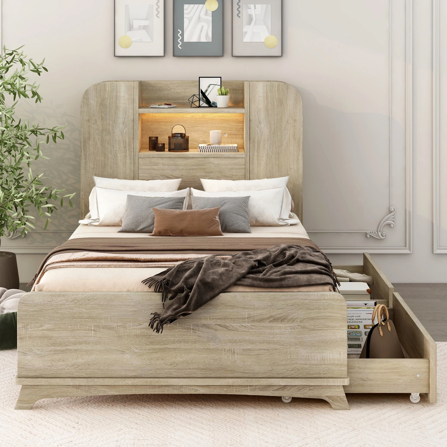 Twin Size Storage Platform Bed Frame with with Two Drawers and Light Strip Design in Headboard,Oak