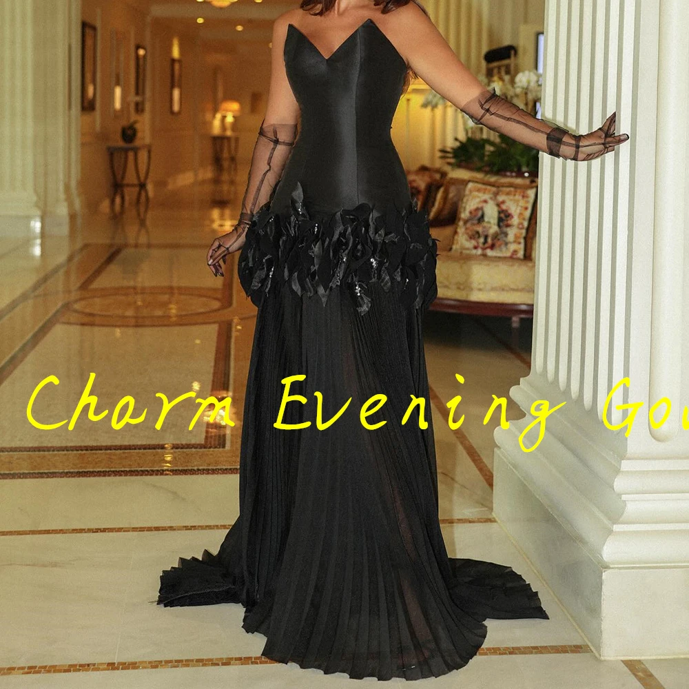 A-Line Floor Length Strapless Detachable Sleeve Chiffon Sleeveless Evening Dress Pleats Appliques Celebrity Gowns Elegant