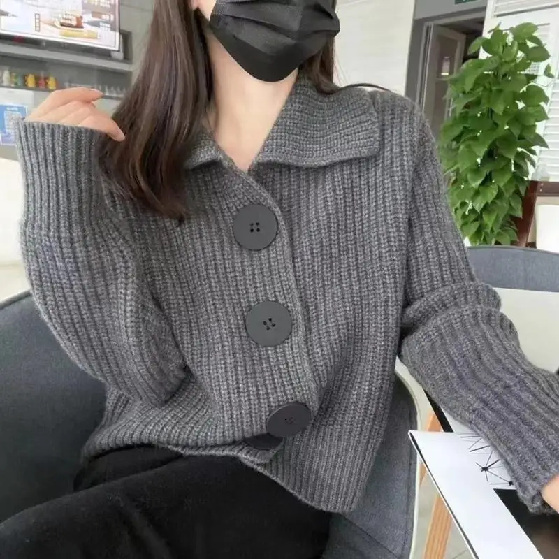 Korean Fashion Loose Polo Neck Cardigan Autumn Winter New Long Sleeve V Neck Solid Trend Knitting Sweater Casual Women Clothing