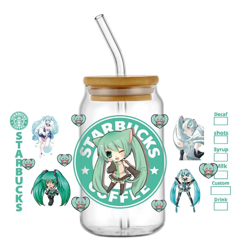 Miniso Hatsune Miku Japan Anime UV DTF 3D Transfer Sticker Demon Slayer Waterproof Transfers Decals For 16oz Glass