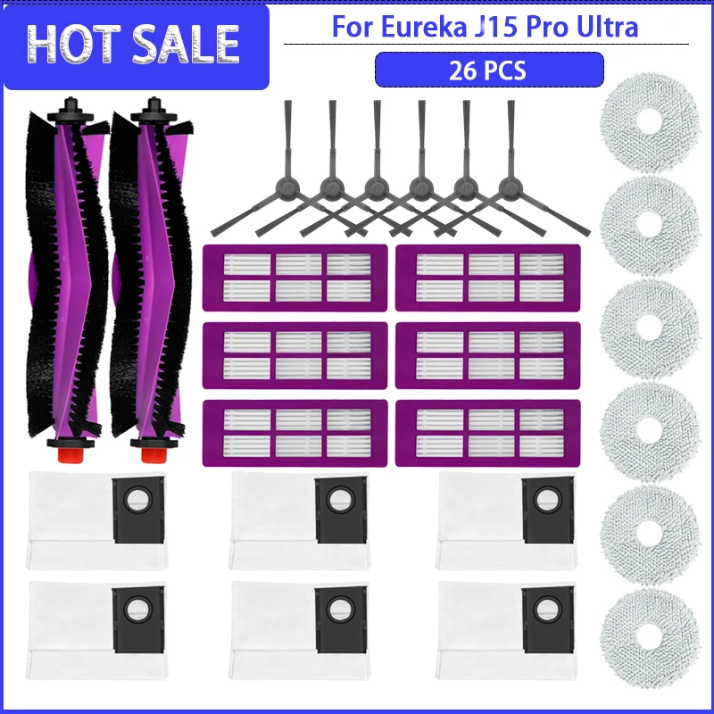 فرشاة جانبية رئيسية فلتر HEPA مماسح كولث كيس لجميع الغبار لملحقات المكنسة الكهربائية Eureka J15 Pro Ultra