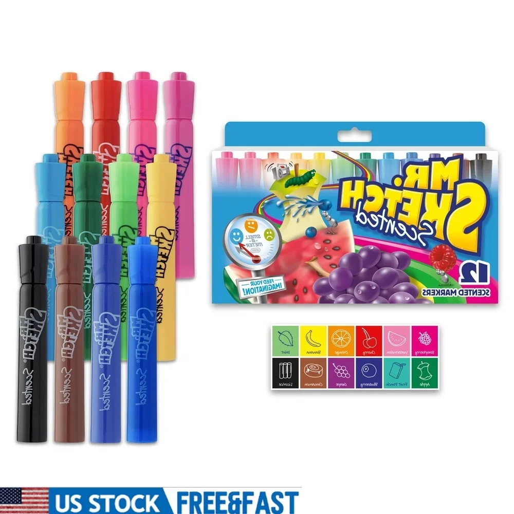 

Scented Markers Assorted Colors 12 Count Chisel Tip Non-toxic Art Supplies Kids Creativity Fun Durable Ventilated Cap