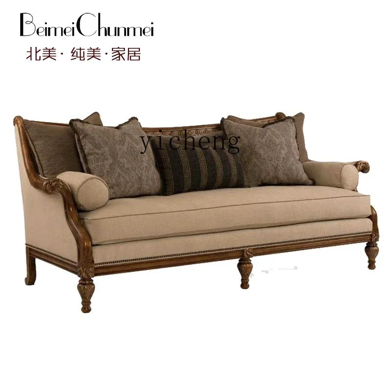 ZZf Country Three-Seat Sofa High-Grade Solid Wood Sofa Fabric Soft Retro Distressed