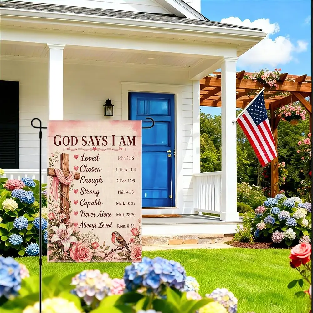 RZHV God Says I Am Double-Sided Garden Flag for Outdoor House Yard Sign Garden Decor, Cross Scripture Floral Outdoor Banner, kkz