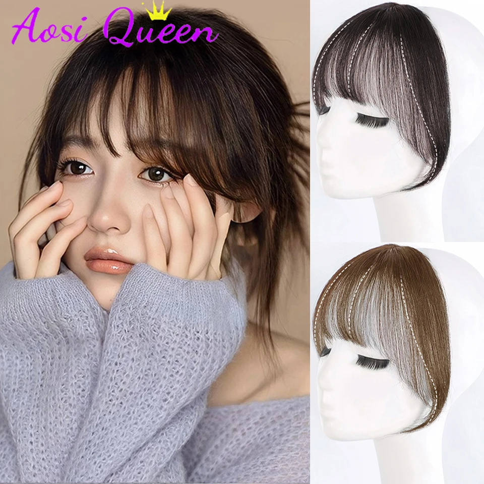 AOSI Hairpin Style Air Bangs Thin Fake Tassels Natural Straight Synthetic Neat Bangs Women\'s Invisible Natural Brown Black Bangs