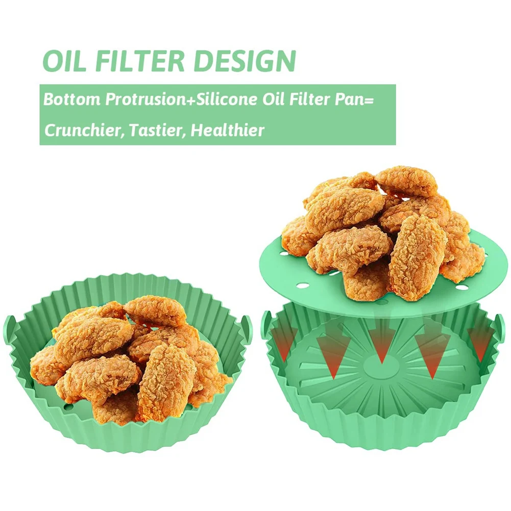 Air Fryer Liner, 10 Inch Reusable Silicone Air Fryer Pot,Non-Stick Oil Filter Design, 22cm for Air Fryer Green