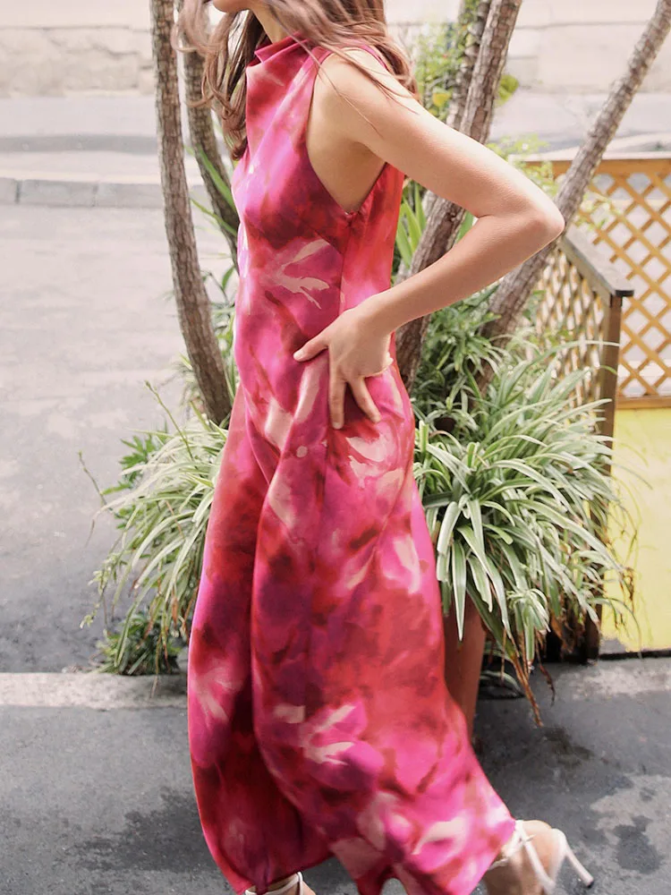 Estate nuovo arrivo donna Ele raso di seta stampa Svel Midi Dr gonna lunga a vita alta abito europeo Sle rotondo Ne