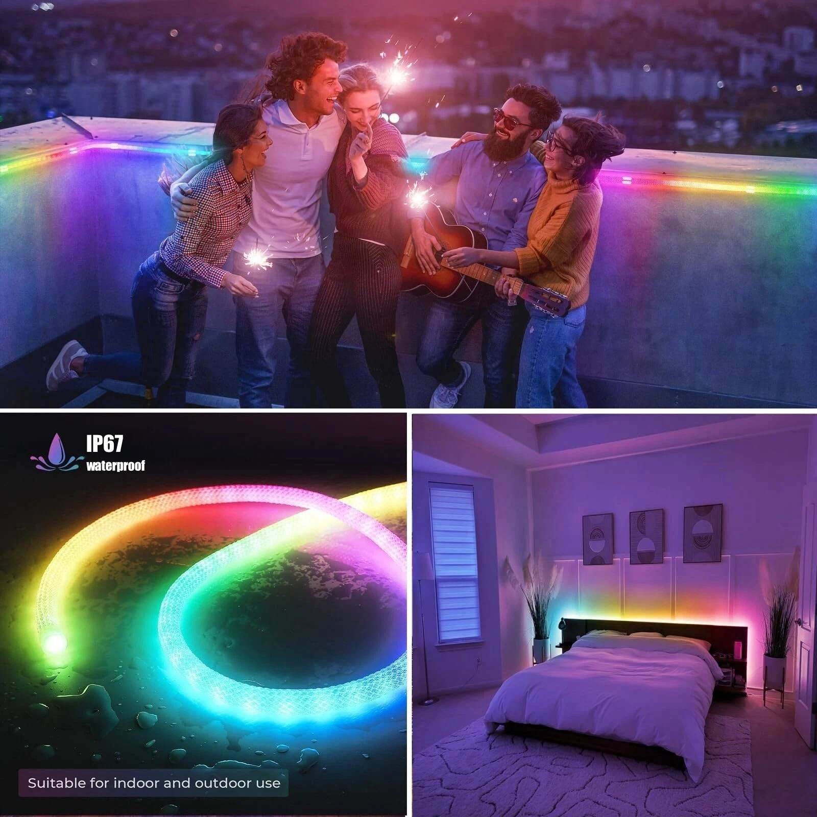 360 Glow Round RGB Neon LED Woven Strip Light Bluetooth APP Remote Control USB Music Sync Waterproof Rope Decor IP67 Flex Light
