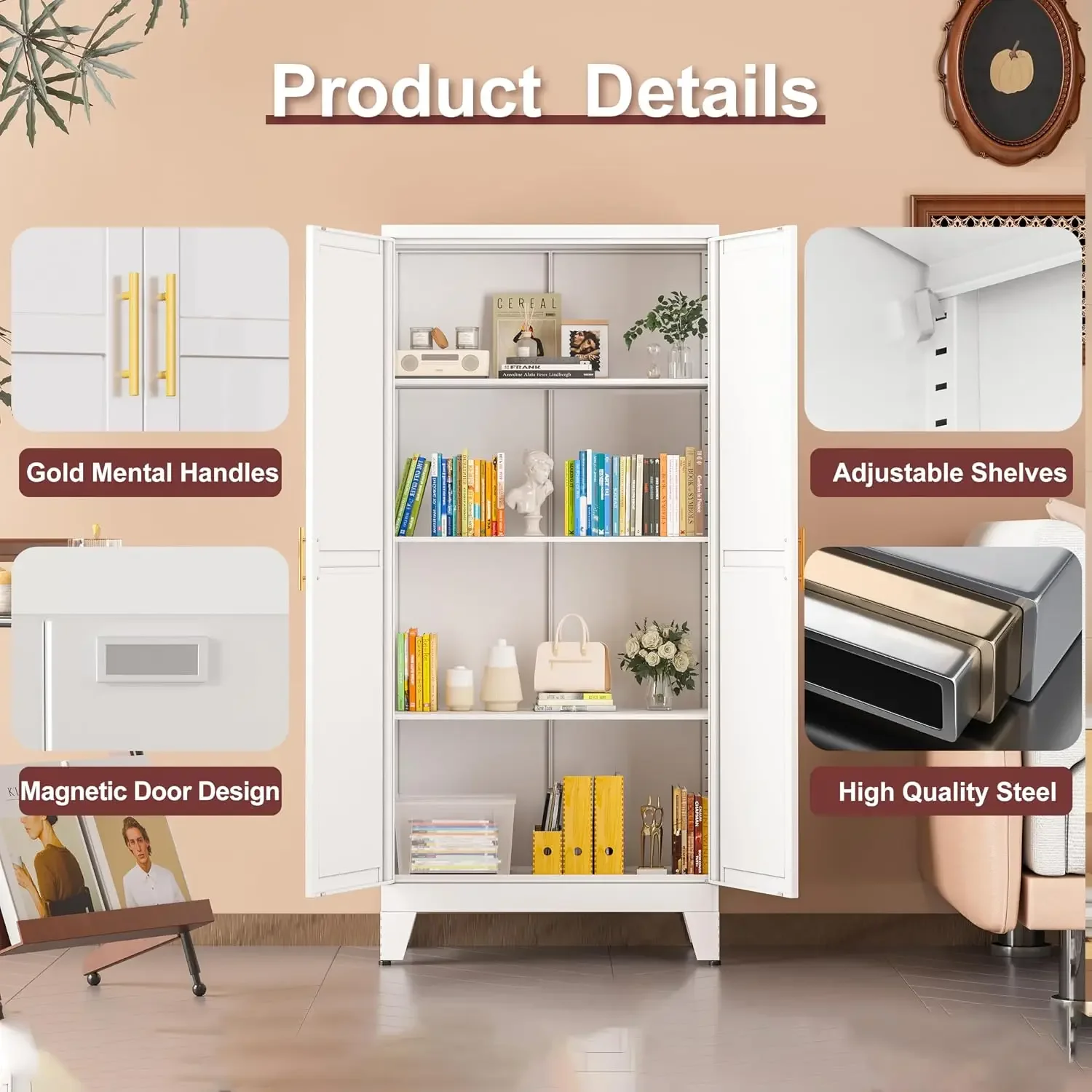 with Gold Handles - Versatile Storage for Kitchen,Bathroom,Dining Room,Customized Metal Pantry Cabinet  ,Kitchen Storage Cabinet