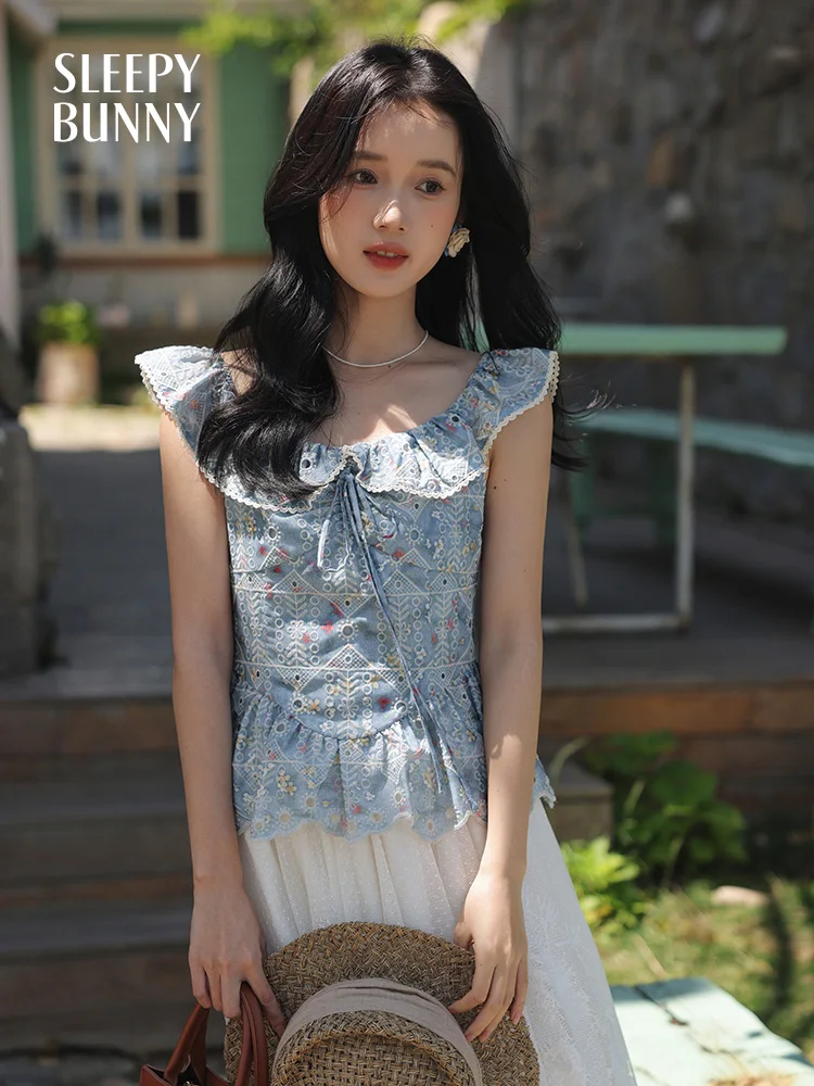 

Off Shoulder Embroidered Ruffle Blouse Women Summer Hollow Out Sweet Crop Top Lace Floral Strapless Shirt with Puff Hem Design