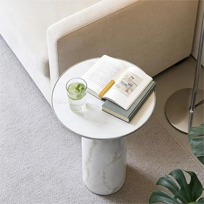 

#Modern Side Table Natural Marble Base Sintered Stone Top Stainless Steel Edge Indoor