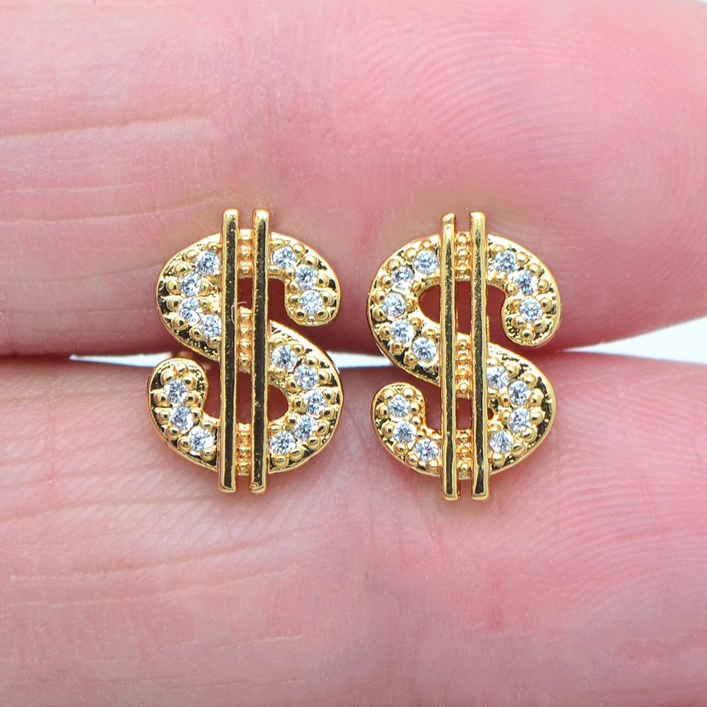 Fashion Gold Color Clear Cubic Zirconia CZ Sparkling Dollar Sign Stud Earrings Jewelry