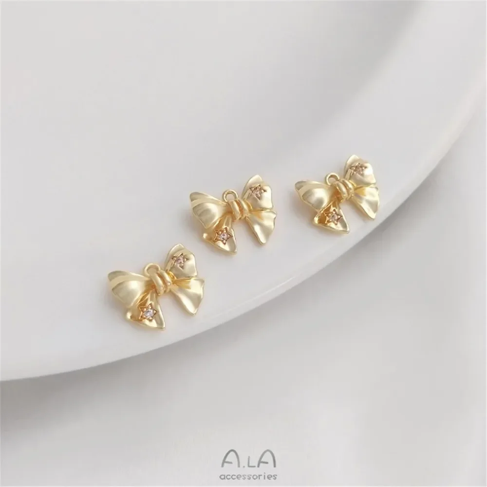 14K gold color set zircon three-dimensional bow pendant small pendant diy earring bracelet pendant