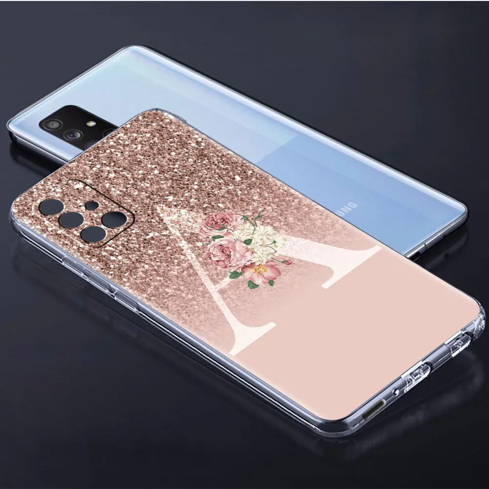 Jasne etui do Samsung Galaxy A52 A12 A51 A32 A21s A71 A32 A22 50 A70 A31 A72 5G telefon list motywacyjny różowy błyszczący M R