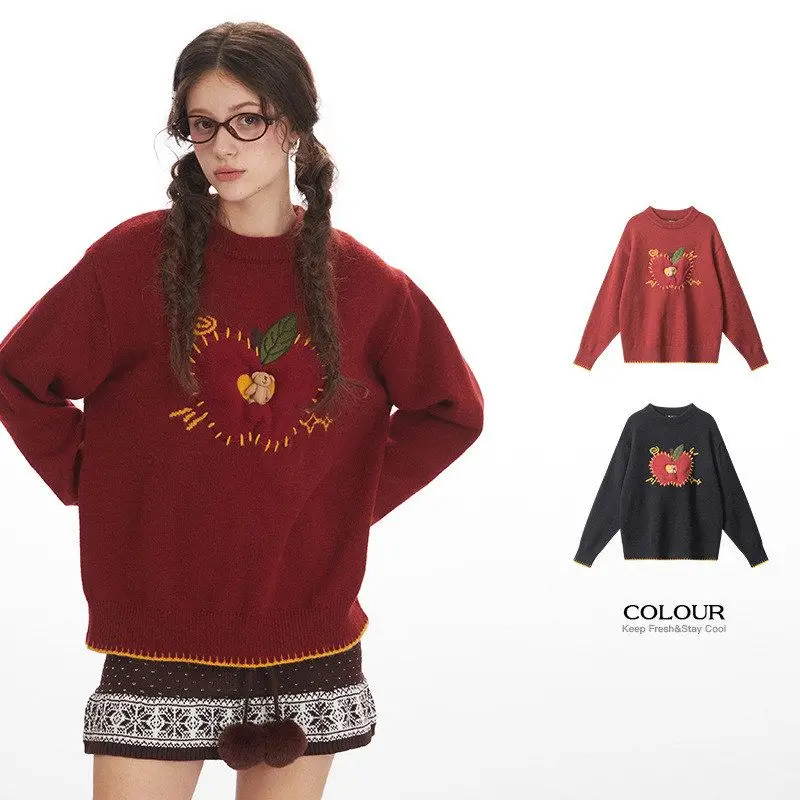 

HeyHenry Thiened круглый свитер Ne, женская свободная верхняя одежда, вязаный красный цвет, удобный ленивый топ, зима-осень