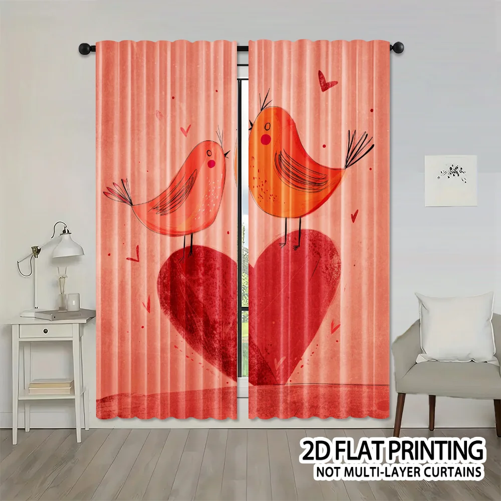 Cute Birds on Heart Curtains, Pink Red Love Bird Print Blackout Drapes for Bedroom Living Room, Romantic Valentine Decor