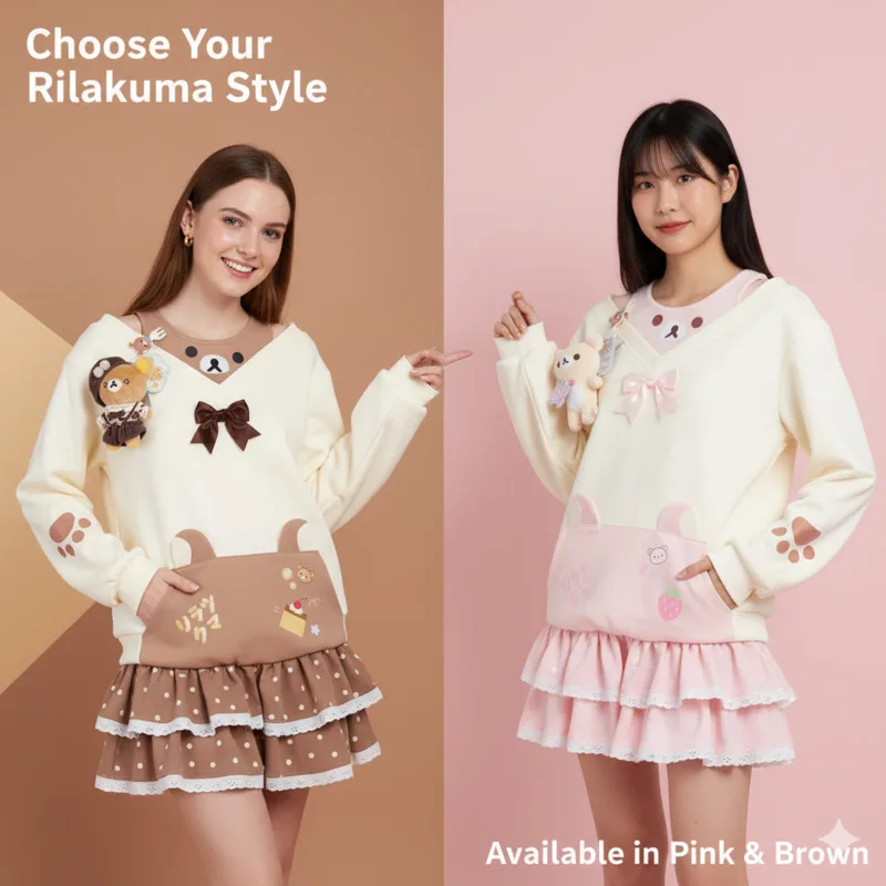 

Y2K Rilakkuma Hoodie Pajama Set Cute Japan Bear Sleepwear Girls Fleece Lined Hooded Homewear Suit Autumn Winter Loungewear New