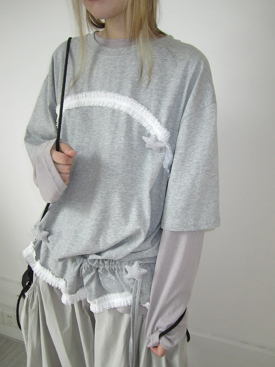 

Новая летняя корейская футболка свободного кроя с круглым вырезом, кружевными вставками и оборками, универсальная, для повседневной носки, из хлопка.