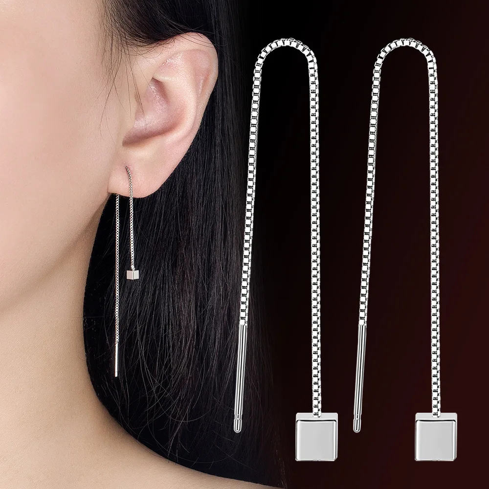 

Trend Long Wire Tassel Thread Chain 925 Silver Needle Square Pendants Drop Earrings Women Straight Hanging Earings Jewelry