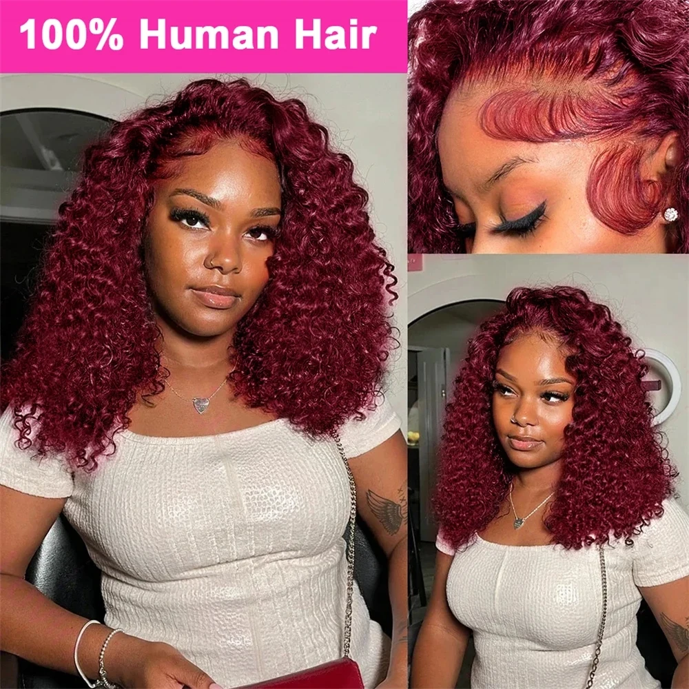 Burgundy Deep Wave 13x4 Lace Frontal Bob Wig 200% Density 99J Colored Remy Water Wave Frontal Human Hair Wigs Pre Plucked Wigs