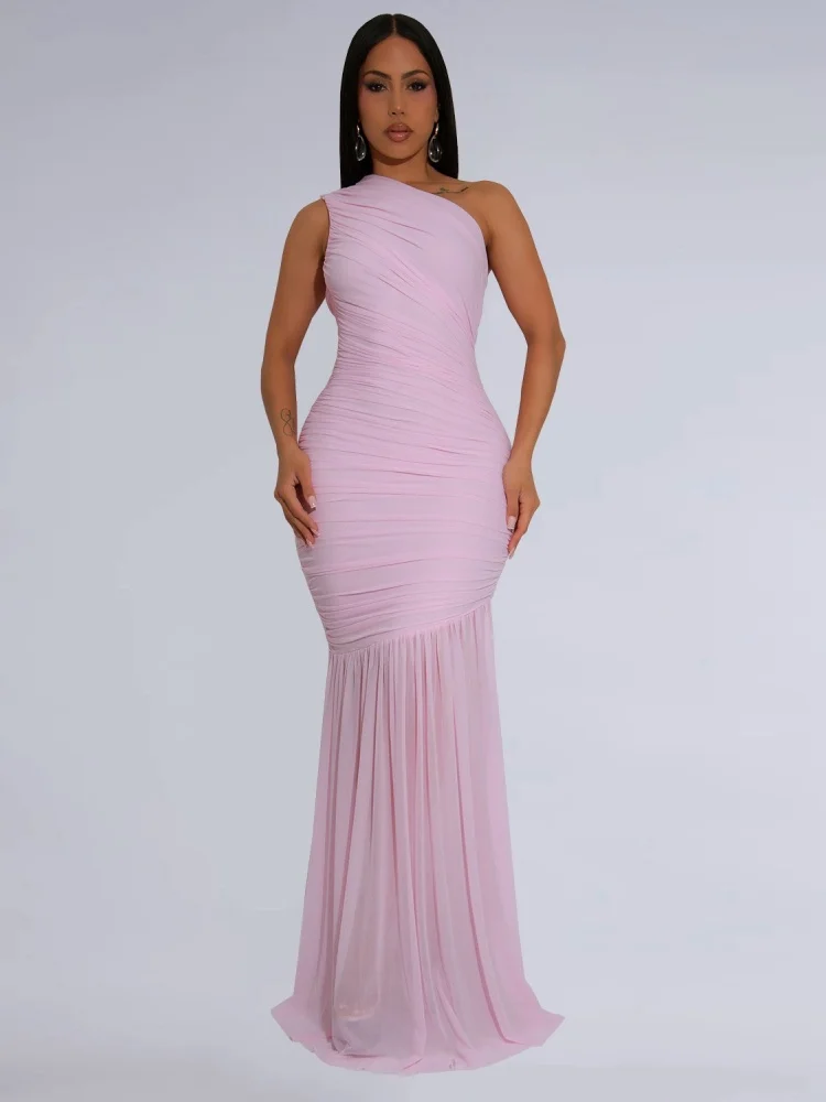 Wmstar 2025 Neue Frauen Sommer Modische Elegante Kleid Schräge Schulter Sexy Transparent Einfarbig Kleid Ärmellos