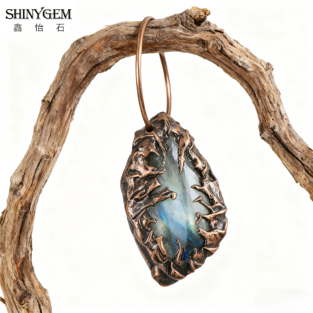

SHINYGEM Women's Bronze Healing Crystal Necklace Natural Labrador Stone Pendant Hand Woven Irregular Gemstone Jewelry Gift