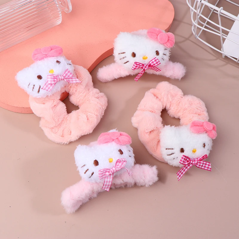 Plush Hello Kitty Hair Claw Hair Ring Pink Bowknot Shark Claw Clip Sweet Girl Scrunchies Women Hair Accessories