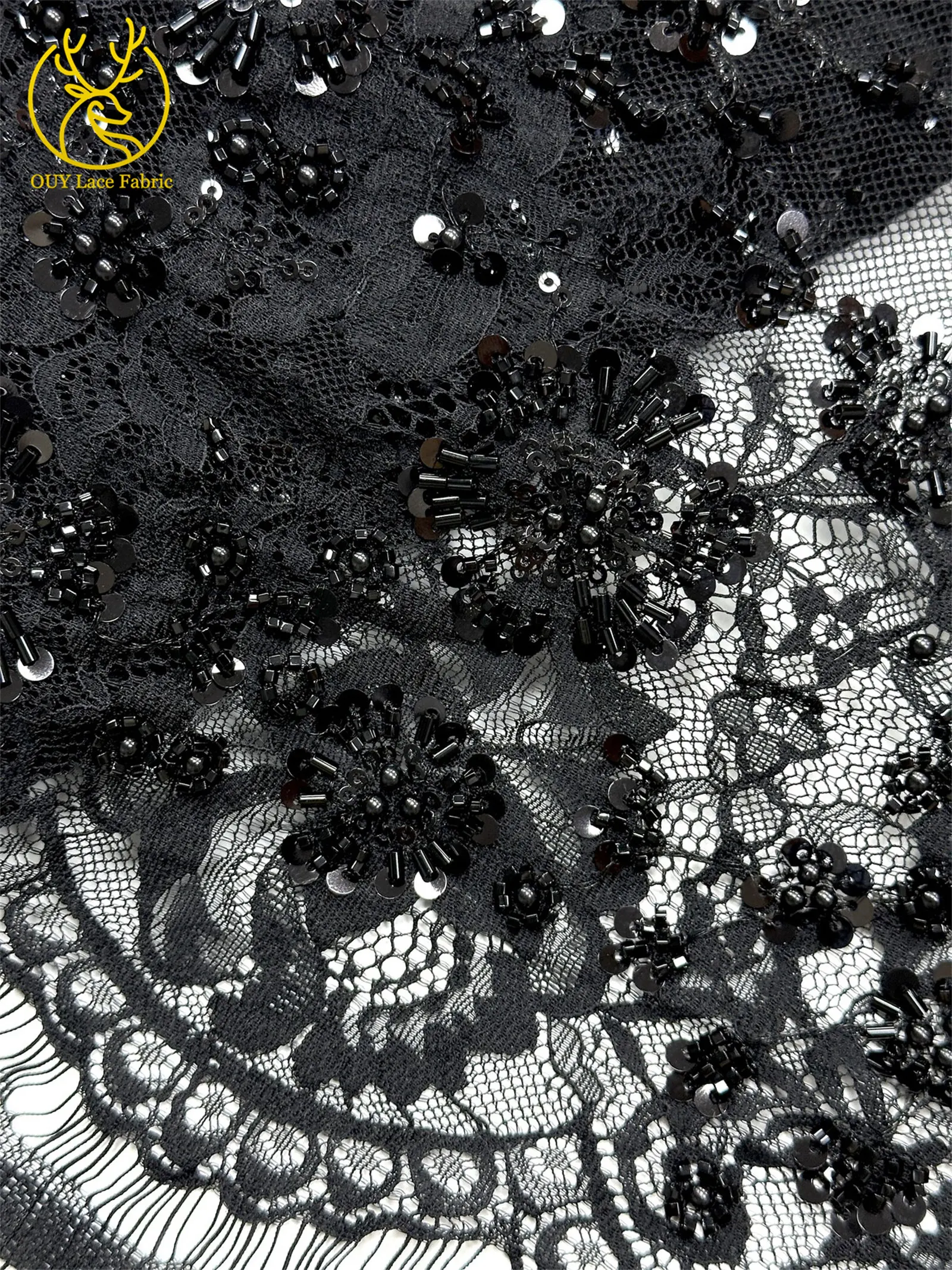 3 Meter exquisiter Perlen-Spitzenstoff, afrikanischer Spitzenstoff mit Pailletten und verstreuten Blumenstickereien zum Nähen von Brautkleidern – Detail 28