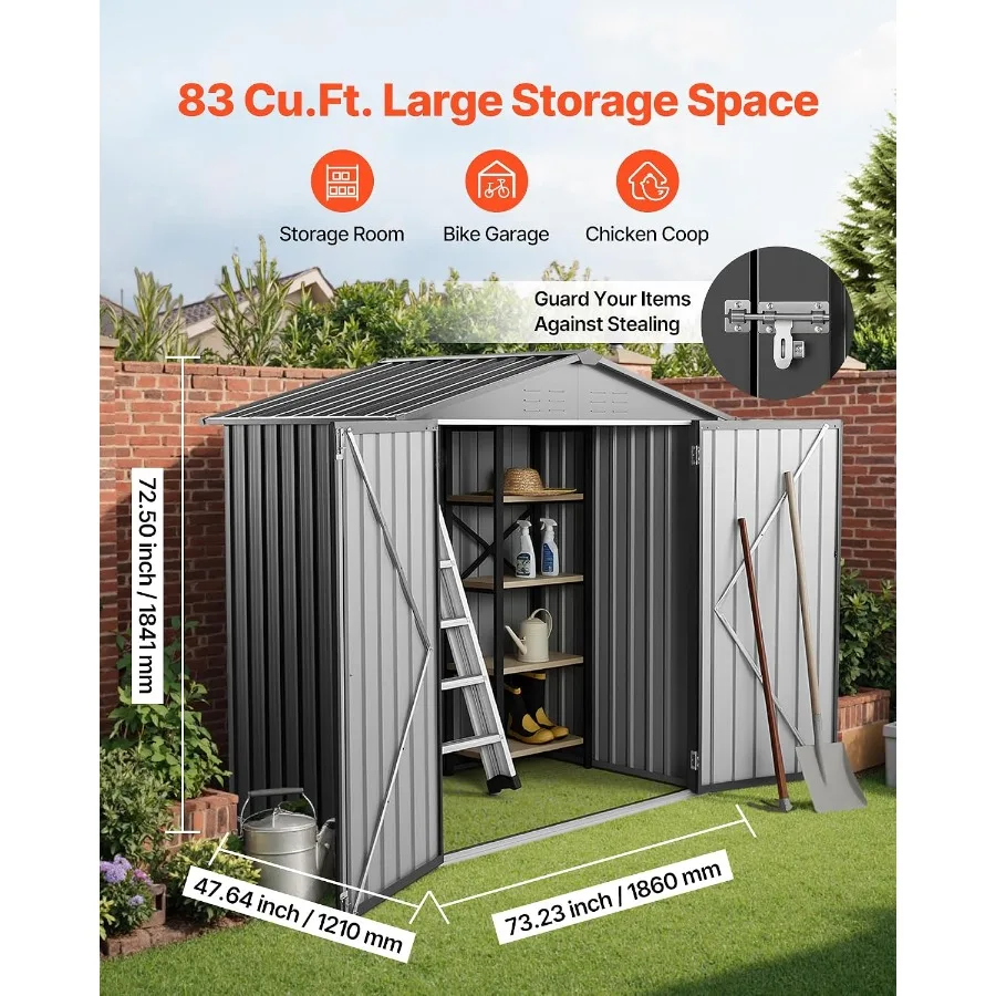 6 x 4 FT outdoor storage shed for backyard, garden, patio, bike; gray metal with peak roof, lockable doors 4 louver vents