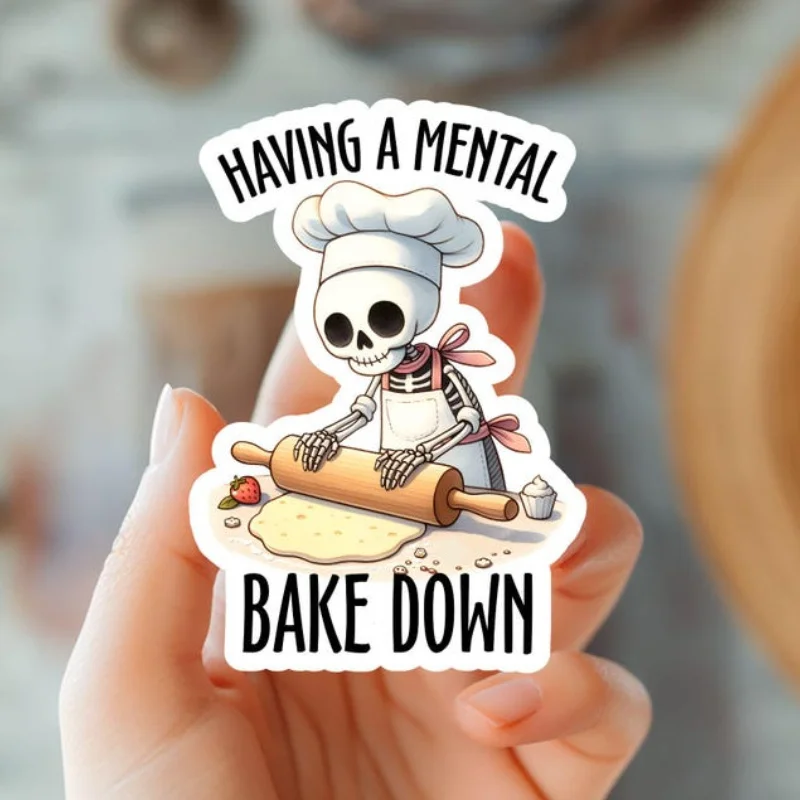 

Skull Baking Stickers | "I'm going through a mental baking crash" Humor Vinyl Decals - Fun Kitchen Decals, Horror Baking Decals,
