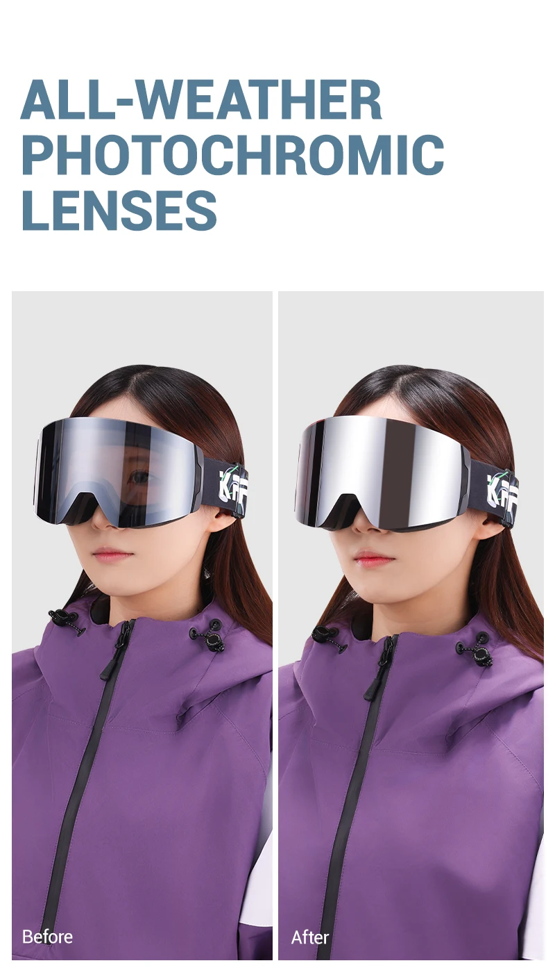 Kapvoe Neue Outdoor Photochromatische Skibrille mit Anti-Beschlag-Gläsern, UV400-Schutz, Skibrille für Männer und Frauen, Schnee-Sonnenbrille, Sportbrille – Detail 6